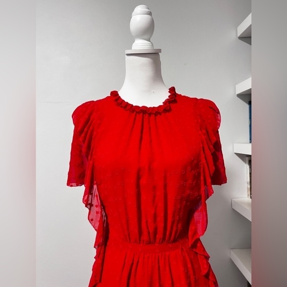 Monique Lhuillier Red Chiffon Ruffle Floral Flutter Sleeve Dress size 10 - Picture 3 of 15